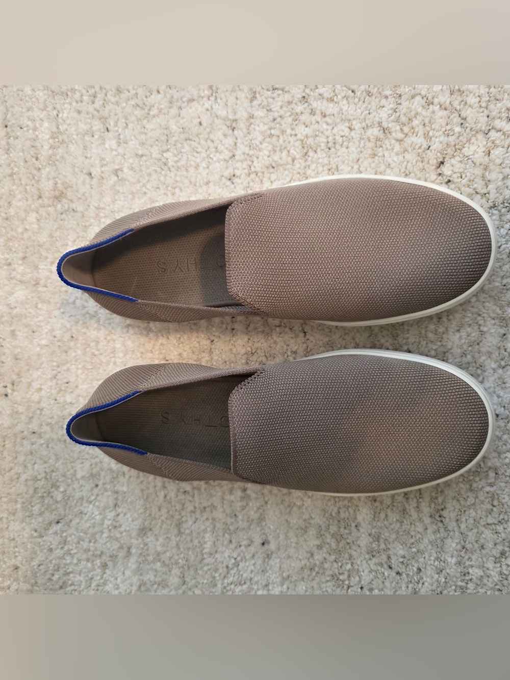 Rothy's Slip-On Casual Sneakers in Taupe with Blue Trim